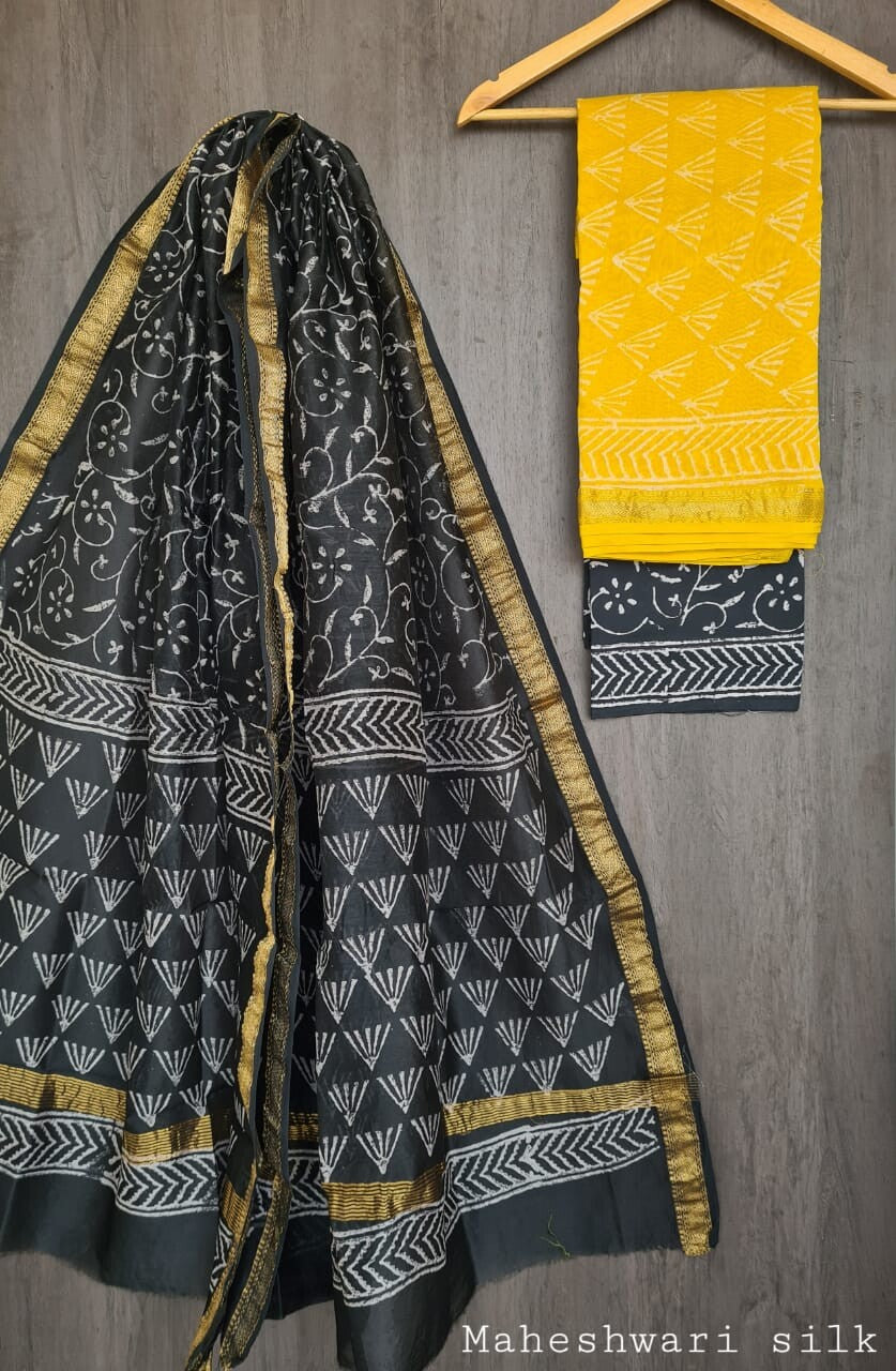 Pure Maheshwari Silk Unstitched Suit Set with Maheshwari Silk Dupatta with Zari Border ( Top, Bottom and Dupatta length 2.5 meter each) - 53