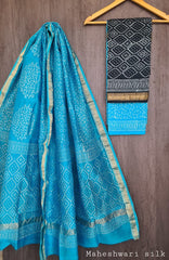 Pure Maheshwari Silk Unstitched Suit Set with Maheshwari Silk Dupatta with Zari Border ( Top, Bottom and Dupatta length 2.5 meter each) - 54