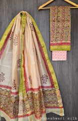 Pure Maheshwari Silk Unstitched Suit Set with Maheshwari Silk Dupatta with Zari Border ( Top, Bottom and Dupatta length 2.5 meter each) - 40