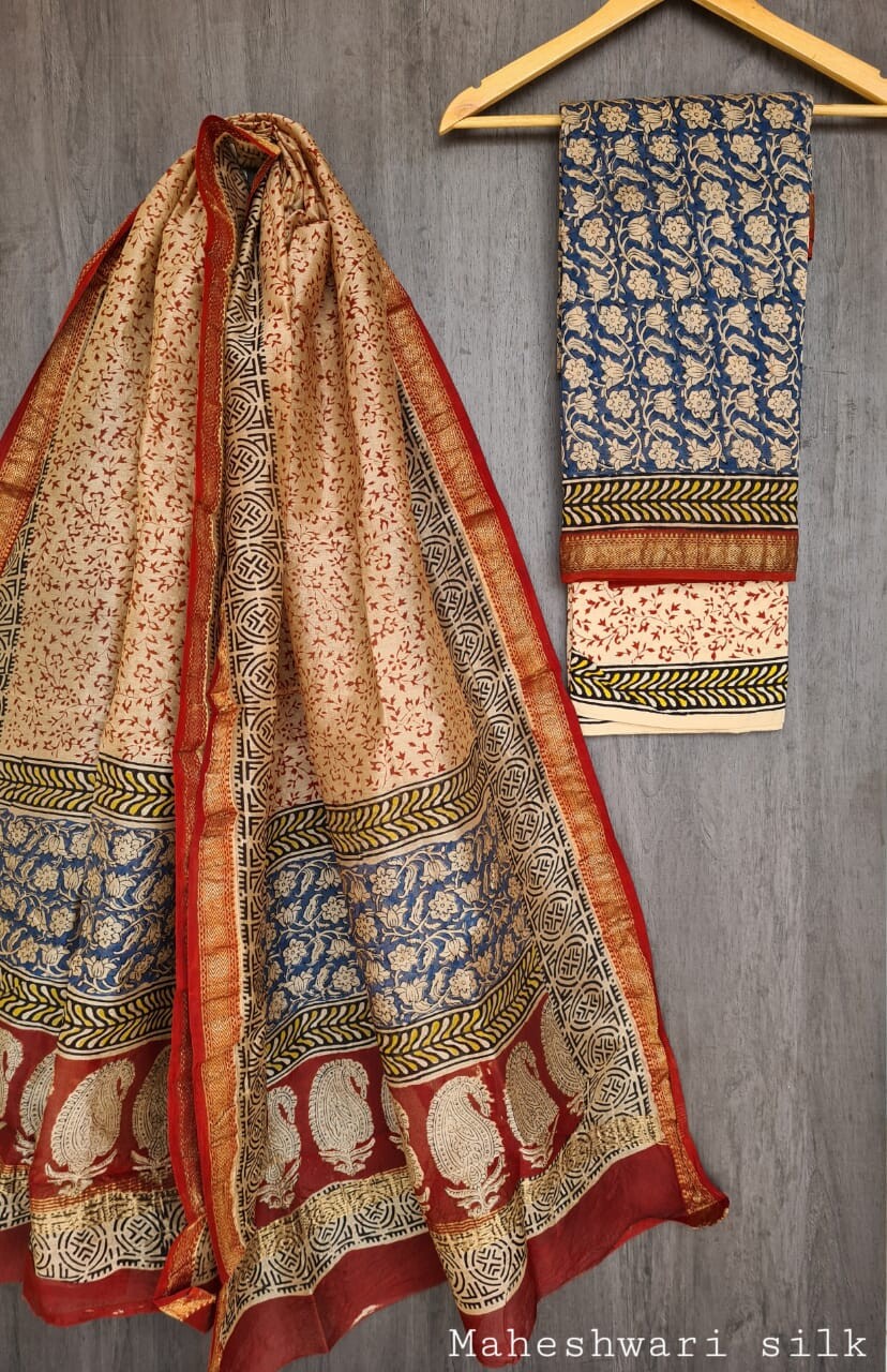 Pure Maheshwari Silk Unstitched Suit Set with Maheshwari Silk Dupatta with Zari Border ( Top, Bottom and Dupatta length 2.5 meter each) - 43