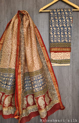 Pure Maheshwari Silk Unstitched Suit Set with Maheshwari Silk Dupatta with Zari Border ( Top, Bottom and Dupatta length 2.5 meter each) - 43