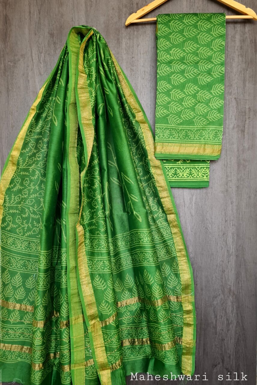 Pure Maheshwari Silk Unstitched Suit Set with Maheshwari Silk Dupatta with Zari Border ( Top, Bottom and Dupatta length 2.5 meter each) - 49