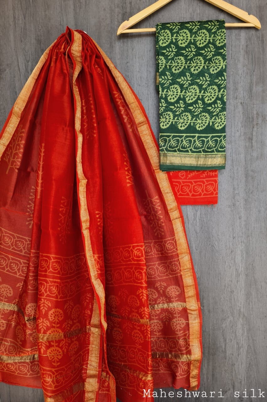 Pure Maheshwari Silk Unstitched Suit Set with Maheshwari Silk Dupatta with Zari Border ( Top, Bottom and Dupatta length 2.5 meter each) - 36