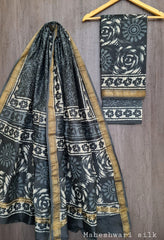 Pure Maheshwari Silk Unstitched Suit Set with Maheshwari Silk Dupatta with Zari Border ( Top, Bottom and Dupatta length 2.5 meter each) - 31