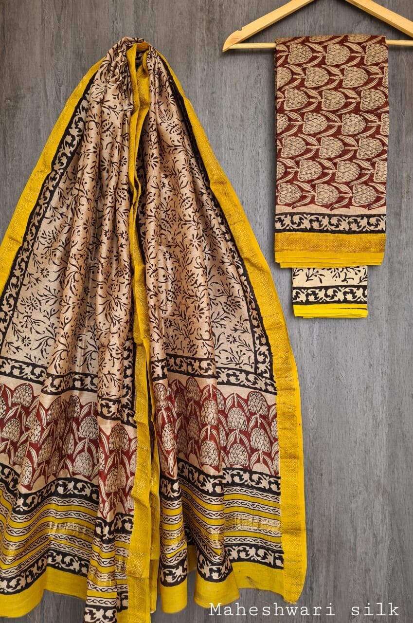 Pure Maheshwari Silk Unstitched Suit Set with Maheshwari Silk Dupatta with Zari Border ( Top, Bottom and Dupatta length 2.5 meter each) - 26
