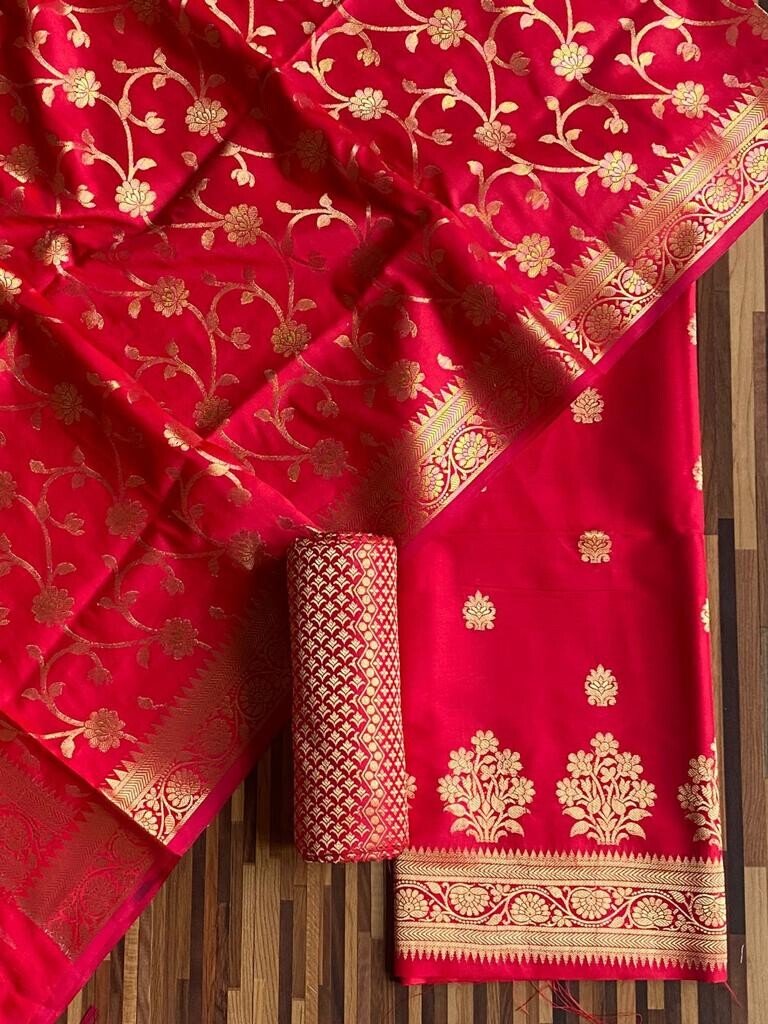 Pure Banarasi Resham Silk Chanderi Flora Double Zari Weaved Suit With Banarasi Zari Weaved Silk Dupatta - 10