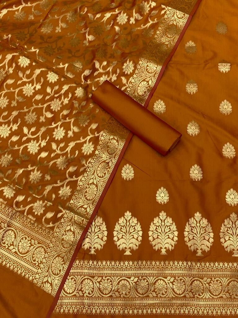 Pure Banarasi Resham Silk Chanderi Flora Double Zari Weaved Suit With Banarasi Zari Weaved Silk Dupatta - 11