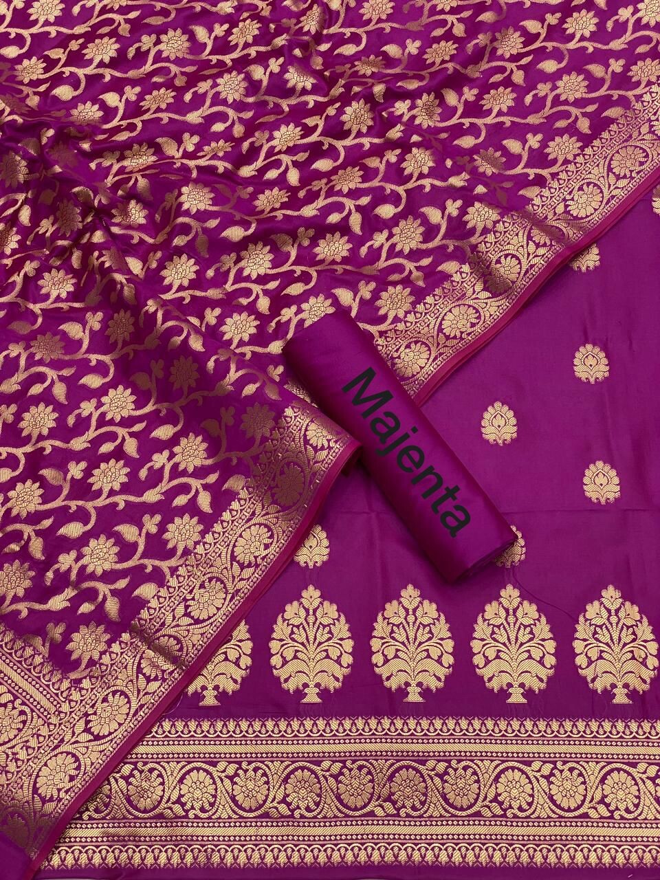 Pure Banarasi Resham Silk Chanderi Flora Double Zari Weaved Suit With Banarasi Zari Weaved Silk Dupatta - 51