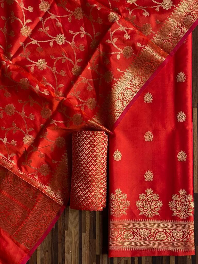 Pure Banarasi Resham Silk Chanderi Flora Double Zari Weaved Suit With Banarasi Zari Weaved Silk Dupatta - 15