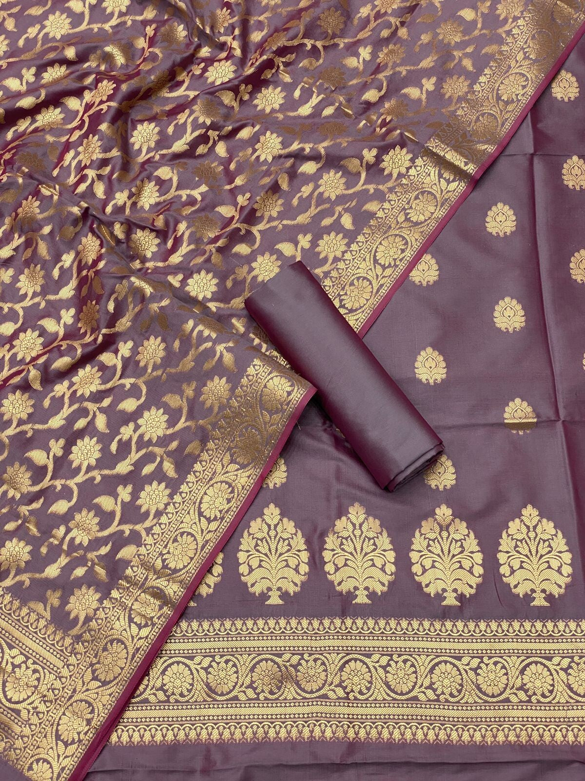 Pure Banarasi Resham Silk Chanderi Flora Double Zari Weaved Suit With Banarasi Zari Weaved Silk Dupatta - 52