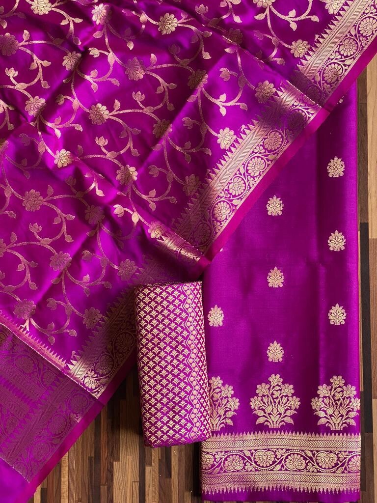 Pure Banarasi Resham Silk Chanderi Flora Double Zari Weaved Suit With Banarasi Zari Weaved Silk Dupatta - 22