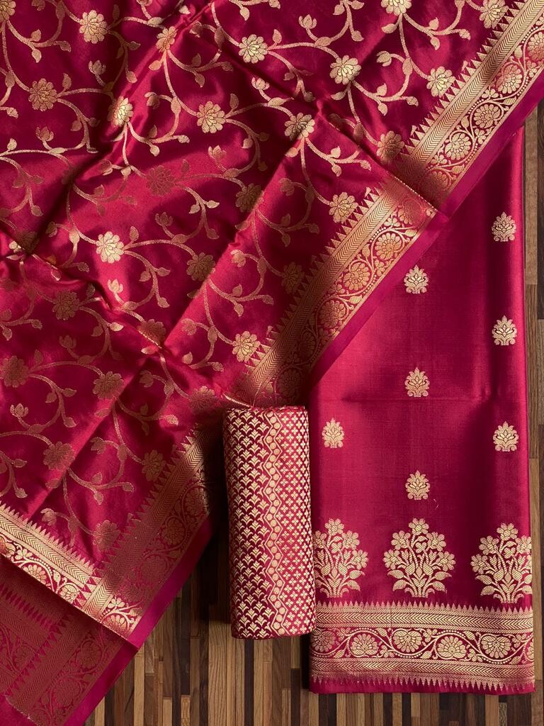 Pure Banarasi Resham Silk Chanderi Flora Double Zari Weaved Suit With Banarasi Zari Weaved Silk Dupatta - 17