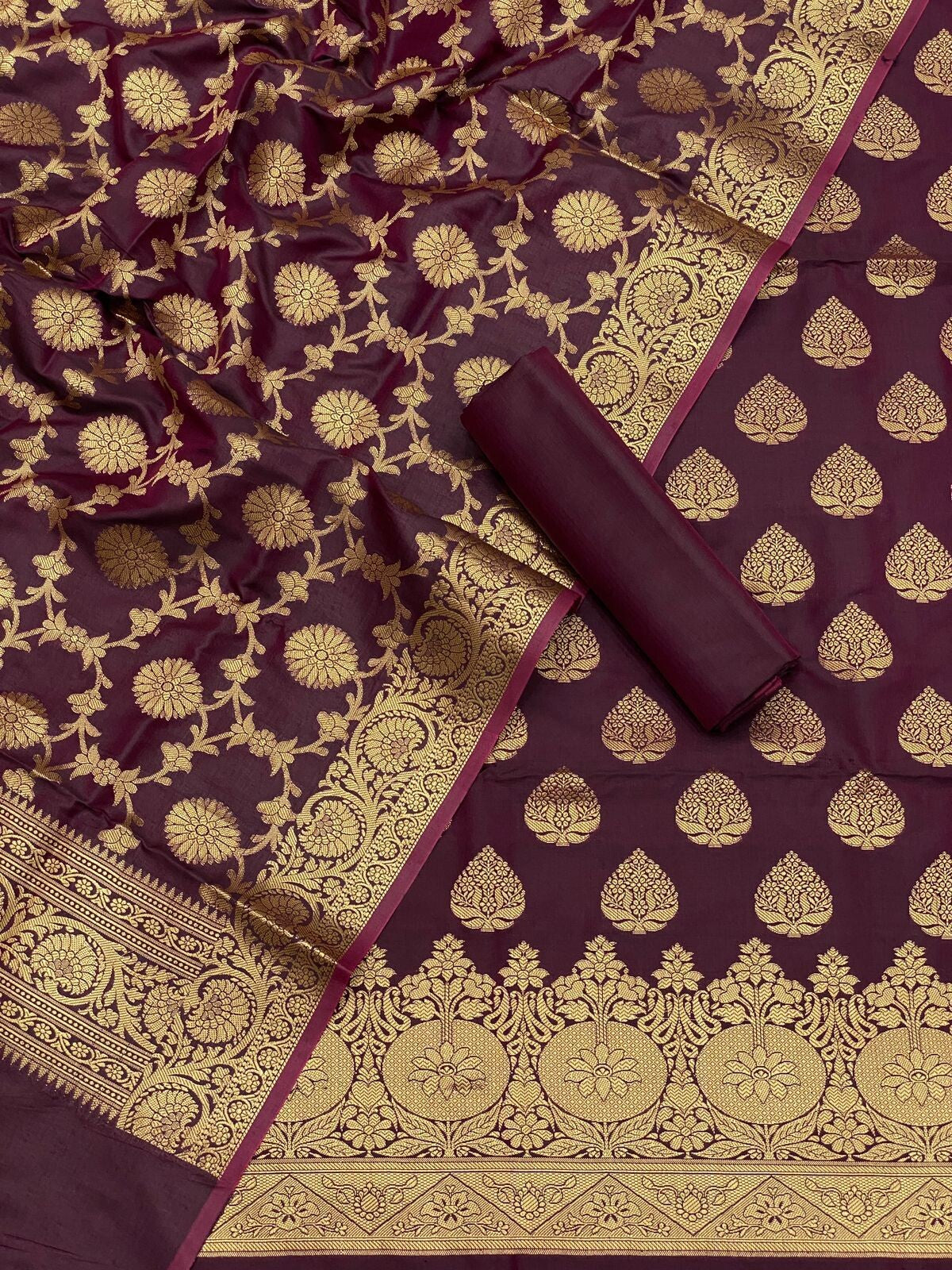 Pure Banarasi Resham Silk Chanderi Flora Double Zari Weaved Suit With Banarasi Zari Weaved Silk Dupatta - 38